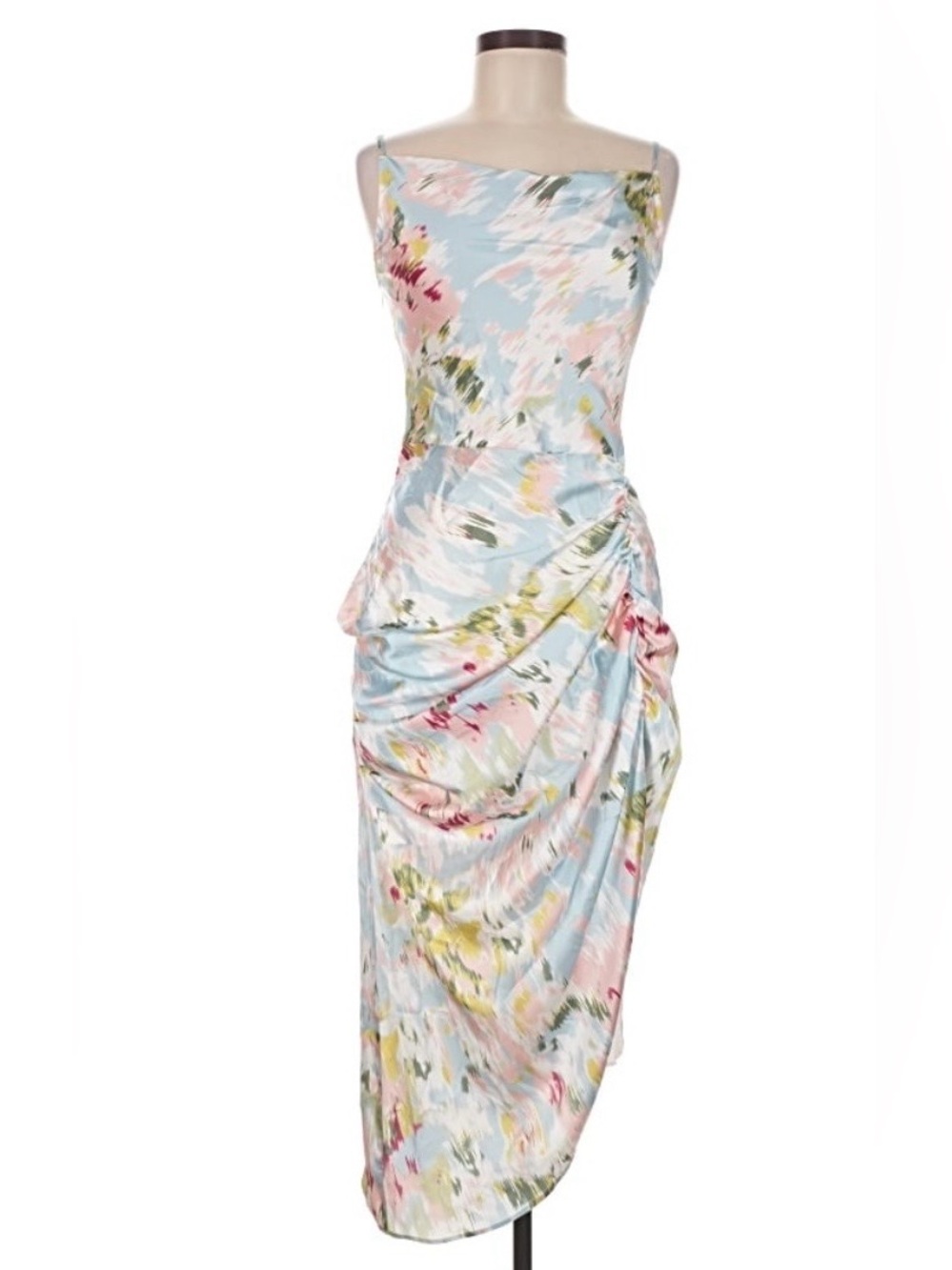 Cider Pastel Floral Ruched Midi Dress in Light Blue size M